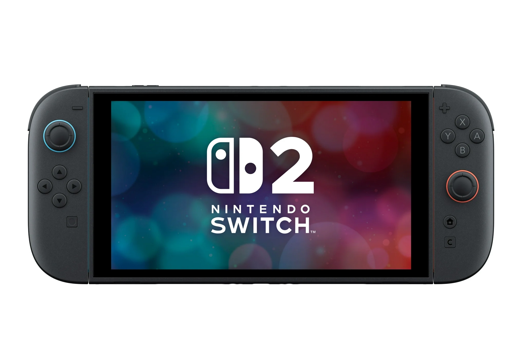 صورة عن قرب لمفتاح Nintendo 2 في وضع محمول على خلفية بيضاء معزولة.