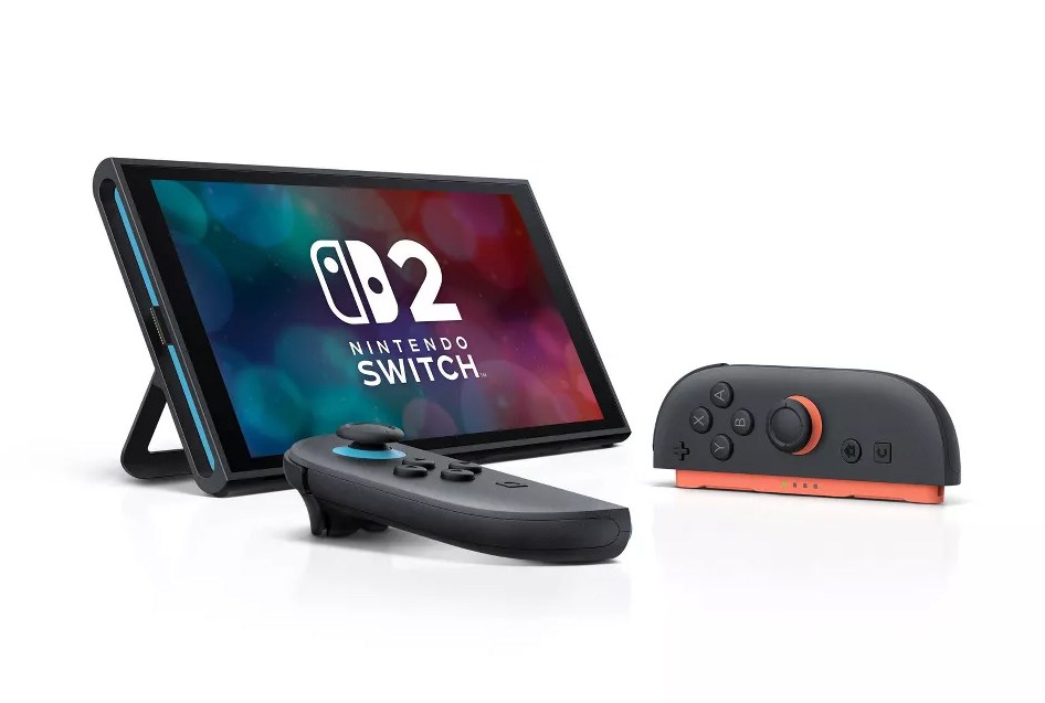 صورة معزولة للمفتاح 2 في وضع الطاولة مع وحدات تحكم Joy-Con 2 بجانبها بزاوية.