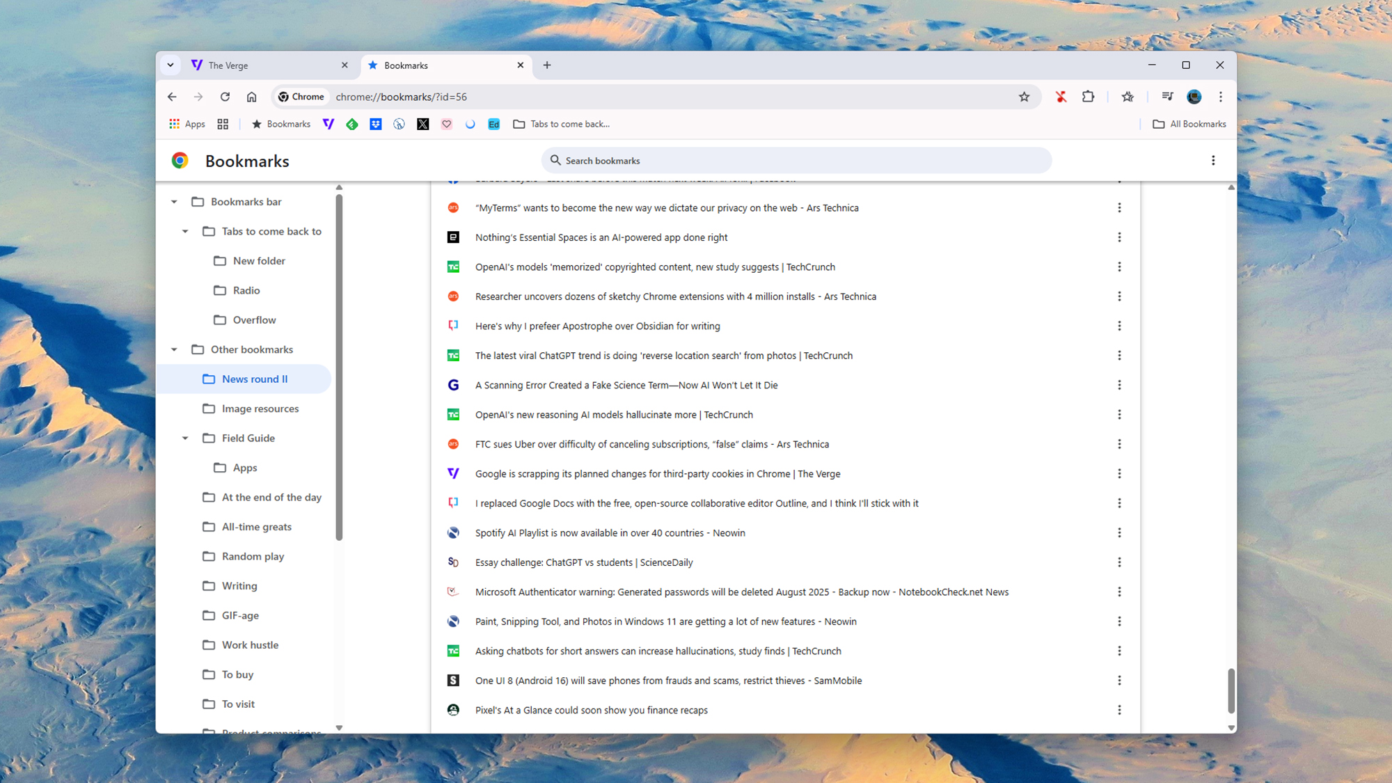 صفحة إدارة الإشارات المرجعية الرئيسية من Chrome.