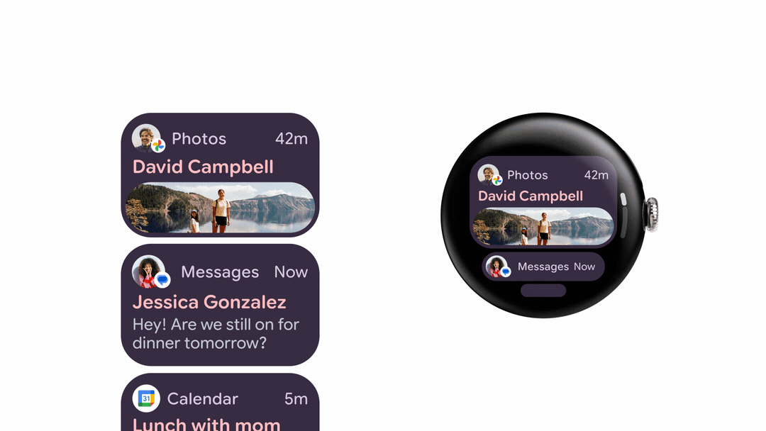 نظرة فاحصة على كيفية ظهور الإخطارات على WEAR OS 6. يظهر بلاط وخط أكثر جولة ، وجسوس من المرسلين.