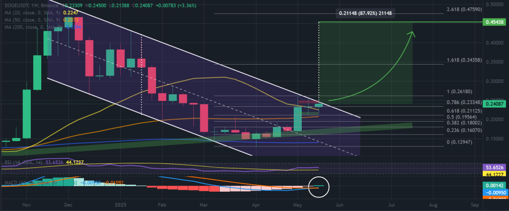 مخطط DOGE / USDT لمدة أسبوع واحد ، في انتظار قناة القناة الهابطة. المصدر: TradingView / Binance.