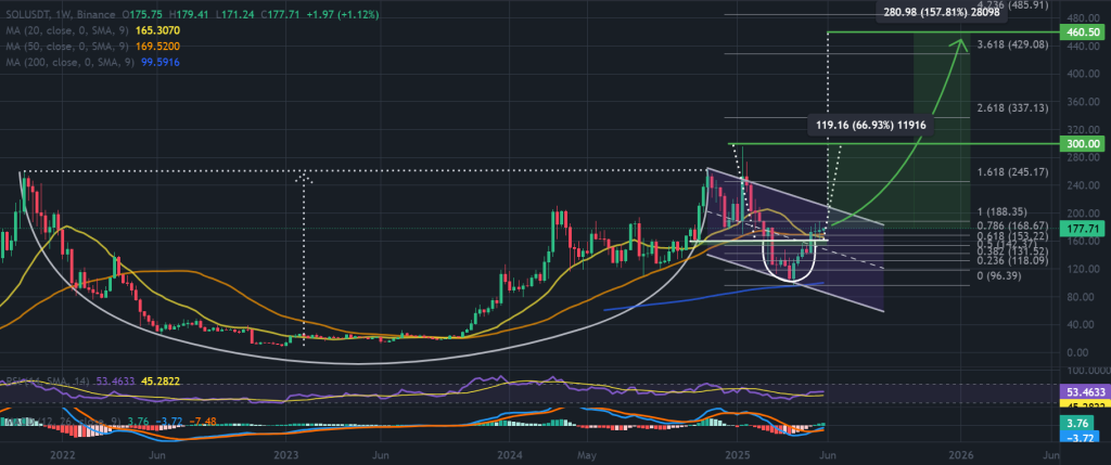 Solana Price 1-Week Clate ، نمط الكأس والمعالجة. المصدر: TradingView / Binance.