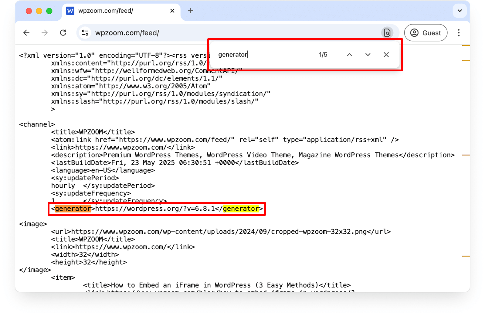 إصدار WordPress في تغذية RSS