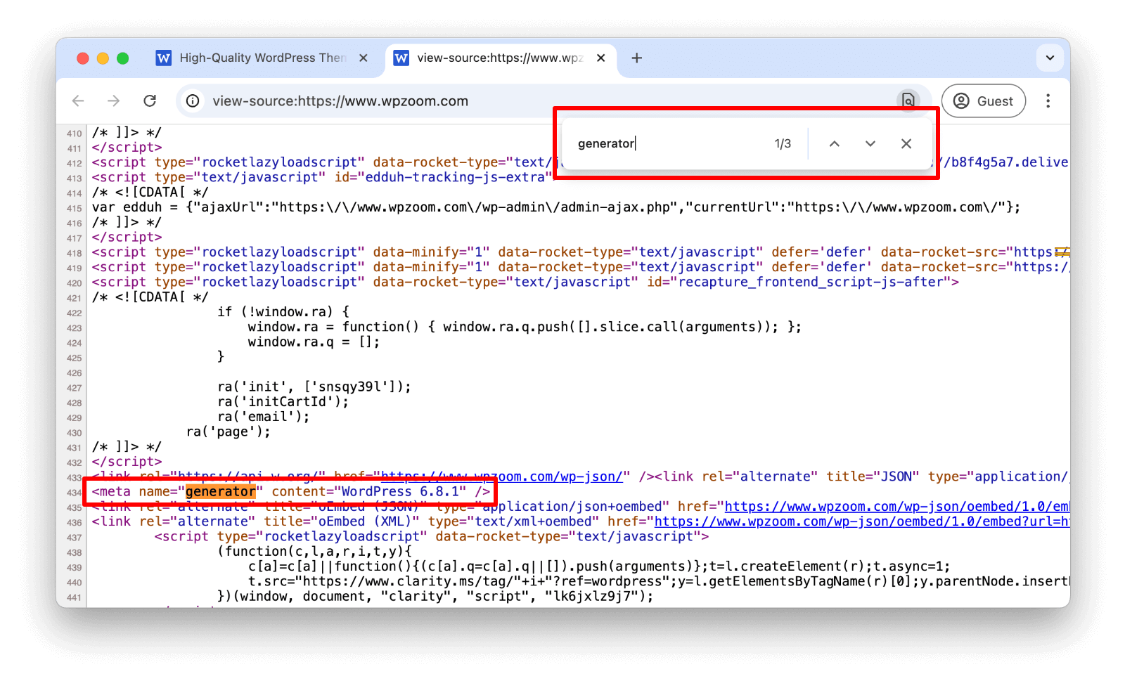 إصدار WordPress في رمز مصدر الموقع