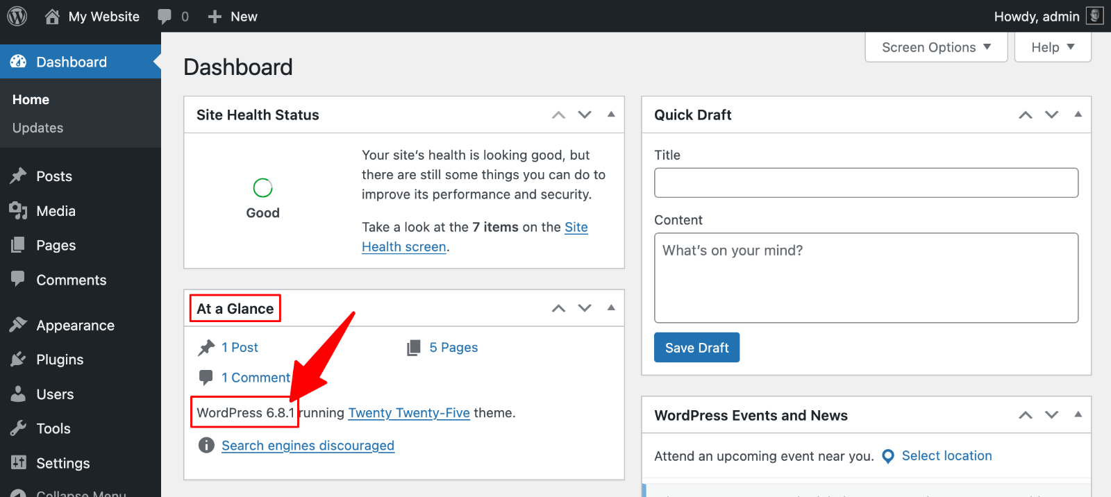 في لمحة على لوحة معلومات WordPress.