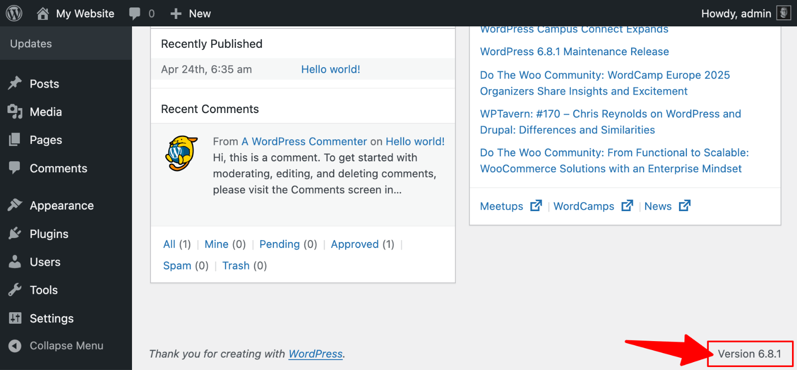 إصدار WordPress على تذييل صفحة الإدارة